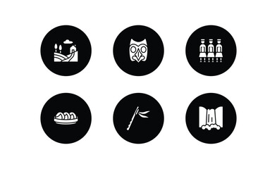 culture filled icons set. culture filled icons pack included tuscany, native american mask, army, steamed bread, native american flute, maletsunyane vector.