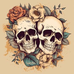 An illustration of a tattoo featuring two skulls with flowers and leaves on a beige background. Generative AI