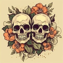 An illustration of a tattoo featuring two skulls with flowers and leaves on a beige background. Generative AI