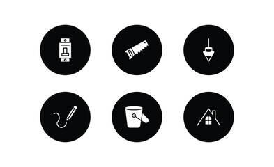 construction tools filled icons set. construction tools filled icons pack included circuit breaker, hand saw, plumb bob, drawing, bucket, roof vector.