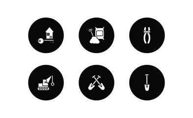 construction filled icons set. construction filled icons pack included home key, cement, inclined clippers, demolition, two shovels, short shovel vector.