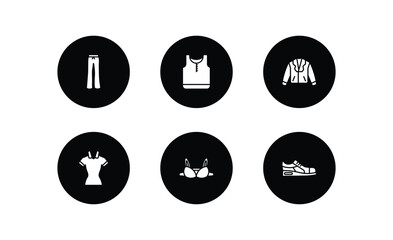clothes filled icons set. clothes filled icons pack included flare pants, tank top, leather biker jacket, lyocell shirt dress, bra, sneaker vector.