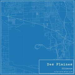 Blueprint US city map of Des Plaines, Illinois.