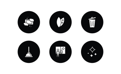 cleaning filled icons set. cleaning filled icons pack included soap, leaf cleanin, garbage, plunger, window cleaner, neat vector.