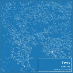 Blueprint US city map of Troy, Montana.
