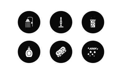 cleaning filled icons set. cleaning filled icons pack included shower head, vacuum cleanin, hard water, perfume cleanin, sponges, squeeze vector.