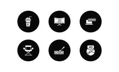 cinema filled icons set. cinema filled icons pack included take away drink, 3 dimension screen, laptop with film strip, director film chair, animation, hd dvd vector.