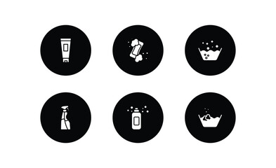 cleaning filled icons set. cleaning filled icons pack included cream, hand soap, soak, cleaning spray, shampoo, wash vector.