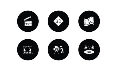 cinema filled icons set. cinema filled icons pack included movie clapper open, 3d text, big play button, cinema screen, cameraman, dvd vector.