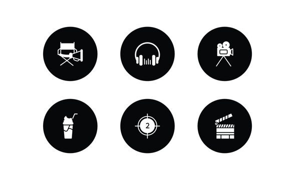 cinema filled icons set. cinema filled icons pack included film director, headphone, movie camera, smoothie with straw, film counter, cinema clapperboard vector.