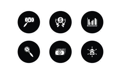 business filled icons set. business filled icons pack included yen business search, dollar money protection, dual chart, money searcher, american dollar bill, multitasking woman vector.