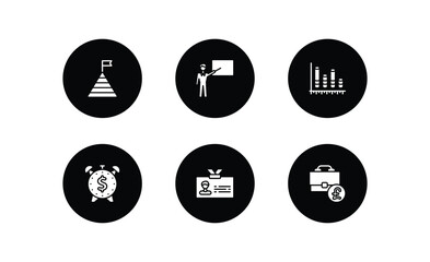 business filled icons set. business filled icons pack included stats pyramid, man presentation, bars graphic, dollar on business time, club card, pounds bag of vector.