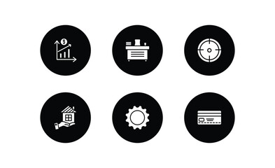 business filled icons set. business filled icons pack included finance, director desk, target, home insurance, tool button, banking card vector.