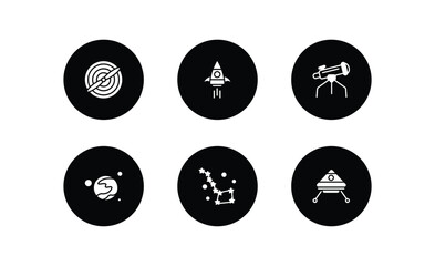 astronomy filled icons set. astronomy filled icons pack included airscrew, rocket start, big telescope, mars with satellite, ursa major, space capsule vector.