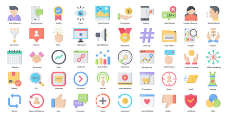 Influencer Flat Icons Networking Star Streaming Iconset in Color Style 50 Vector Icons