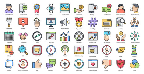 Influencer Line Color Icons Networking Star Streaming Iconset in Filled Outline Style 50 Vector Icons