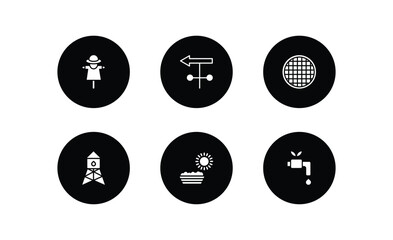 agriculture farming filled icons set. agriculture farming filled icons pack included scarecrow, weather vane, riddle tool, water tower, trough, irrigation vector.