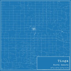Blueprint US city map of Tioga, North Dakota.
