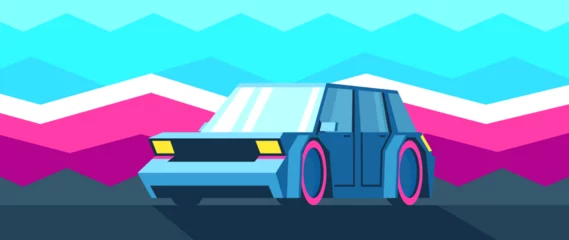 Poster Bright blue sports car stands front view. Flat car landscape on pink abstract mountains background. © Dmytro