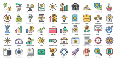 Fototapeta premium Investment Line Color Icons Finance Business Capital Filled Outline Iconset 50 Vector Icons