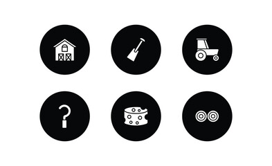 agriculture farming filled icons set. agriculture farming filled icons pack included farm house, digging bar, tractor, sickle, cheese, hay bale vector.