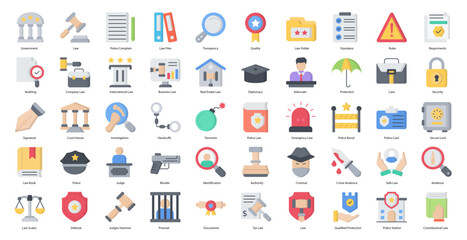 Law & Justice Flat Icons Legal Government Icon Set in Color Style 50 Vector Icons