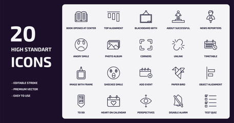 user interface outline icons set. user interface thin line icons pack such as book opened at center, about successful man, photo album, image with frame, heart on calendar, perspectives, disable