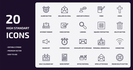 user interface outline icons set. user interface thin line icons pack such as alarm button, form, video edition, sound off, news report, office material, open letter read email, round delete button