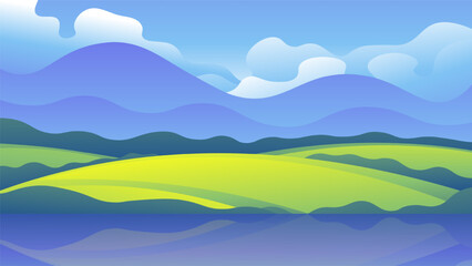 Realistic green summer meadows on majestic mountains background. Horizontal landscape for banners, social networks.