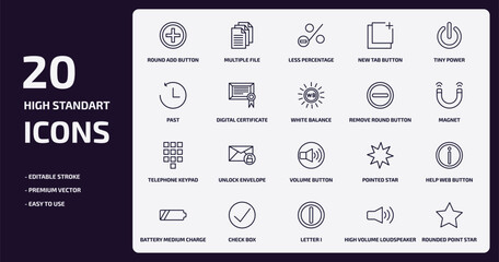 user interface outline icons set. user interface thin line icons pack such as round add button, new tab button, digital certificate, telephone keypad, check box, letter i, high volume loudspeaker,