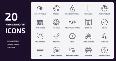 user interface outline icons set. user interface thin line icons pack such as two chat bubbles, vertical bar, hue circle, face detection, digital currency, add folder button, list button, lightning