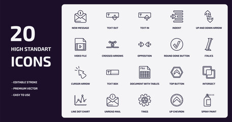 user interface outline icons set. user interface thin line icons pack such as new message, indent, crossed arrows, cursor arrow, unread mail, tings, up chevron, spray paint vector.