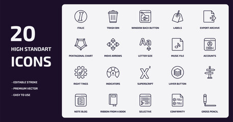 user interface outline icons set. user interface thin line icons pack such as italic, labels, move arrows, right tings, ribbon from a book, selective, confirmity, gross pencil vector.