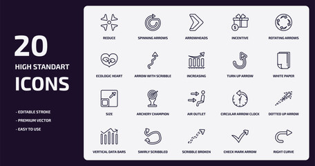 user interface collection. outline icons set. user interface collection. thin line icons pack such as reduce, incentive, arrow with scribble, size, swirly scribbled arrow, scribble broken line,