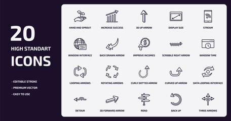 user interface outline icons set. user interface thin line icons pack such as hand and sprout, display size, back drawn arrow, looping arrows, 3d forward arrow, road, back up, three arrows vector.