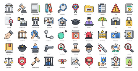 Law & Justice Line Color Icons Legal Government Icon Set in Filled Outline Style 50 Vector Icons