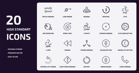 user interface outline icons set. user interface thin line icons pack such as replay arrows, repaying, spiral tool, 4 ldpe, curvy road warning, restart, downloading, curve arrows vector.