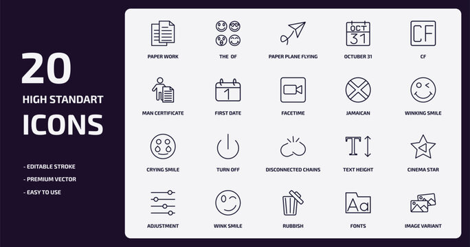 user interface collection. outline icons set. user interface collection. thin line icons pack such as paper work, octuber 31, first date, crying smile, wink smile, rubbish, fonts, image variant