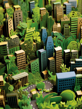 Sky view on urban city area, construction of new green, eco-friendly cities,  pollution free concept, AI generated paper illustration 