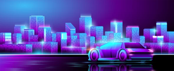 Foto op Plexiglas Futuristic car on the night neon city background © Dmytro