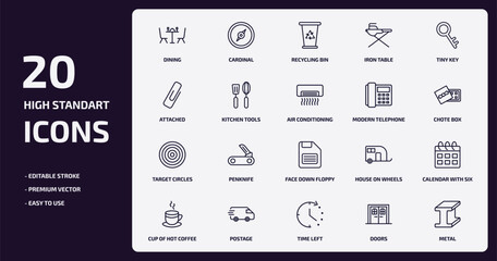 tools and utensils outline icons set. tools and utensils thin line icons pack such as dining, iron table, kitchen tools, target circles, postage, time left, doors, metal vector.