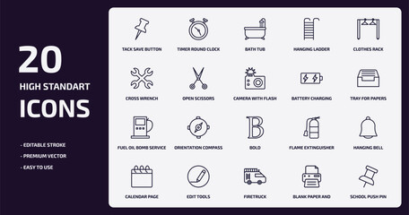 tools and utensils outline icons set. tools and utensils thin line icons pack such as tack save button, hanging ladder, open scissors, fuel oil bomb service, edit tools, firetruck, blank paper and