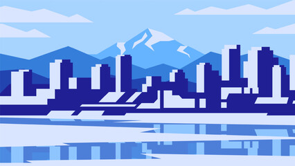 Big blue metropolis on majestic mountains background. Horizontal vector illustration city view during the day.