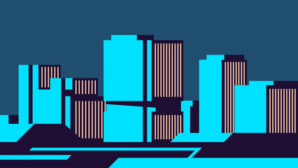 Modern abstract illustration with colorful blue metropolis for banner design. Horizontal vector evening scene.