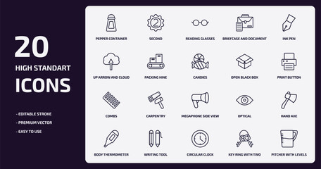 tools and utensils outline icons set. tools and utensils thin line icons pack such as pepper container, briefcase and document, packing hine, combs, writing tool, circular clock, key ring with two