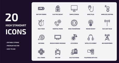 technology outline icons set. technology thin line icons pack such as battery power, basic plug, hospital phone, antenna, big chip, old television, telephone with fax, video camera front view