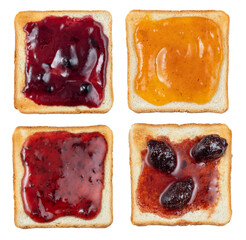 top view set of bread toasts with different types of jam isolated on white
