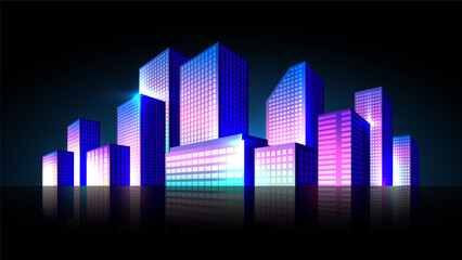 Shining neon metropolis isolated on black background. Cyberpunk business district with skyscrapers horizontal illustration. - obrazy, fototapety, plakaty