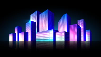 Foto op Canvas Shining neon metropolis isolated on black background. Cyberpunk business district with skyscrapers horizontal illustration. © Dmytro