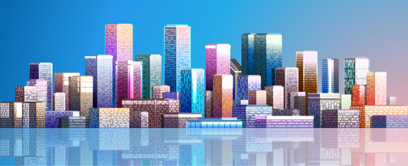 Obraz premium View of modern day city. Colorful metropolis with skyscrapers.